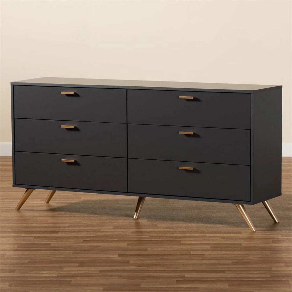 Dark Grey Gold Wood 6-Drawer Dresser E10716