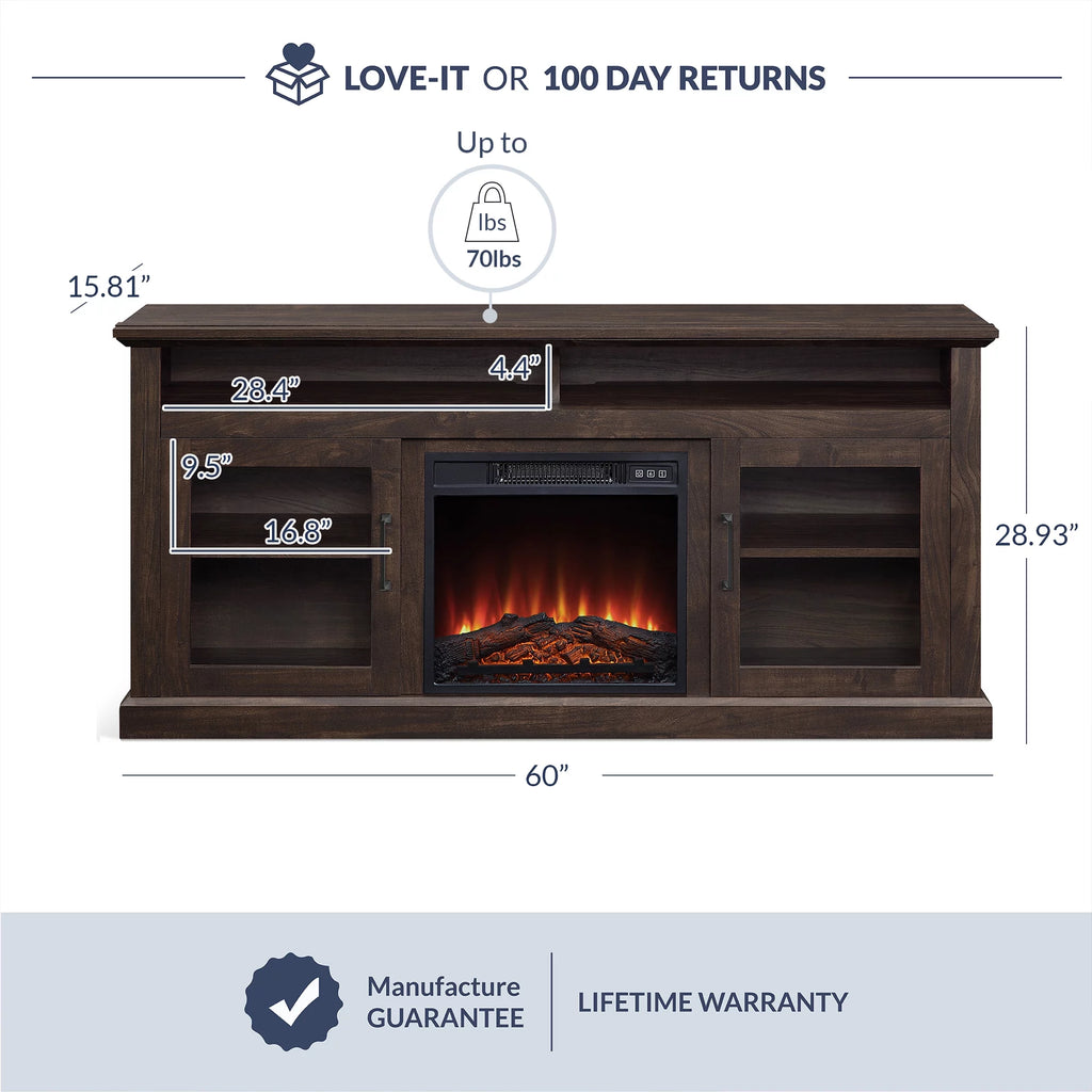 60 Traditional TV Stand with 18 Fireplace (Brown) X9900