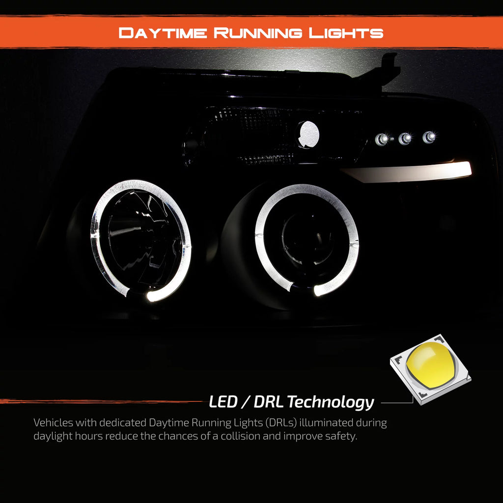 Black Bezel Dual Halo LED Projector Headlights + Tail Lamp Set B61735