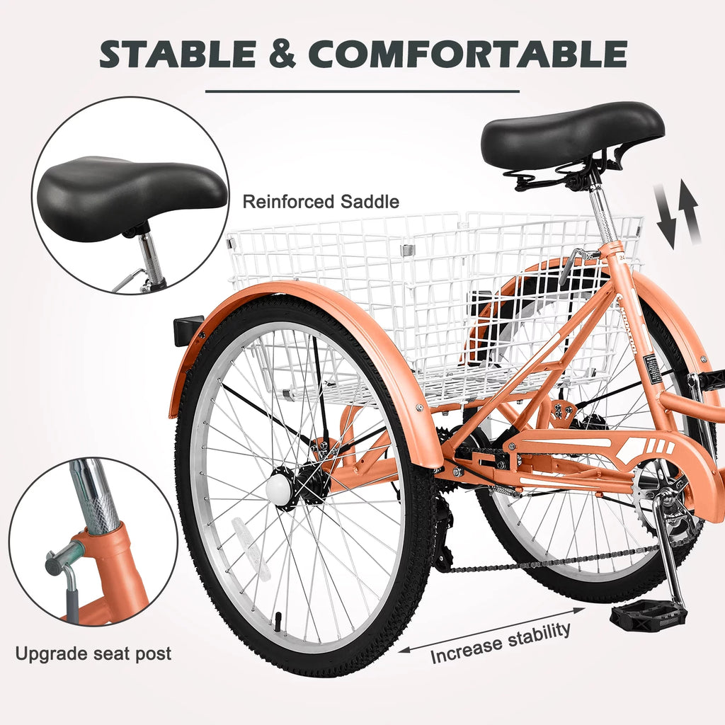 24" 7-Speed 3 Wheel Adult Tricycle with Baskets, Orange P134