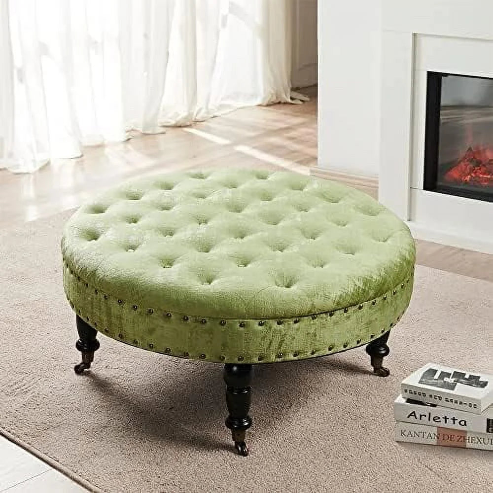 Green Tufted Round Velvet Ottoman Coffee Table 34" Large X474