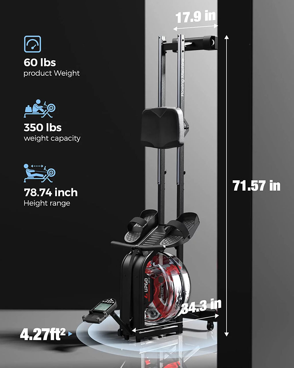 Water Rowing Machine 350 LB Weight Capacity Foldable with LCD Monitor S7234