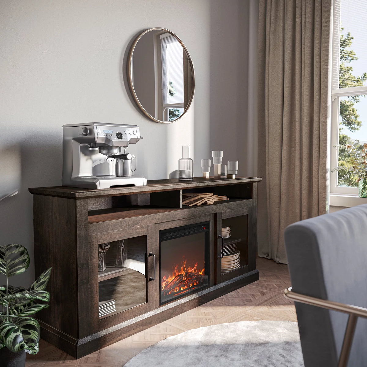 60 Traditional TV Stand with 18 Fireplace (Brown) X9900