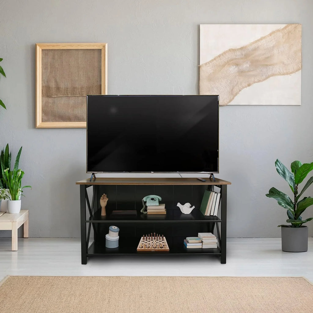 Solid Wood Console Table with Shelves, Black and Antique Cherry N290