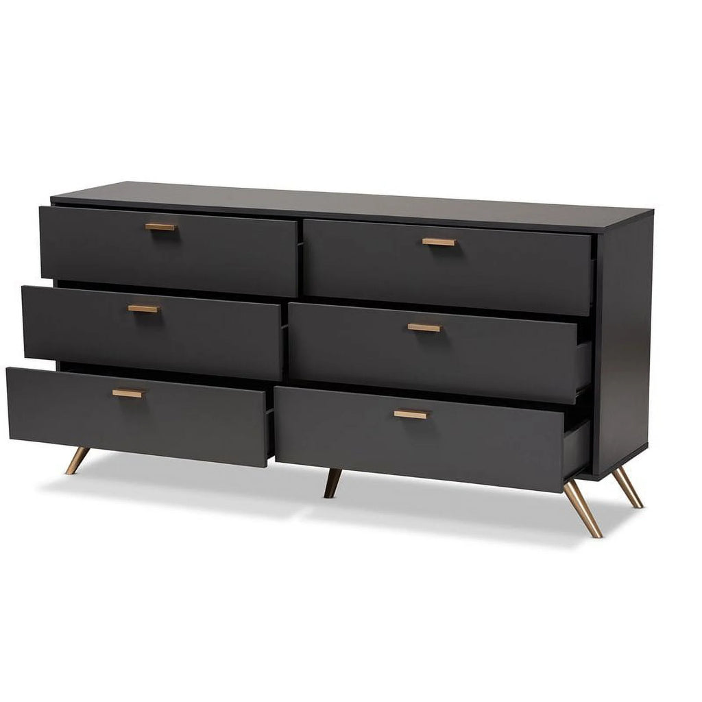 Dark Grey Gold Wood 6-Drawer Dresser E10716