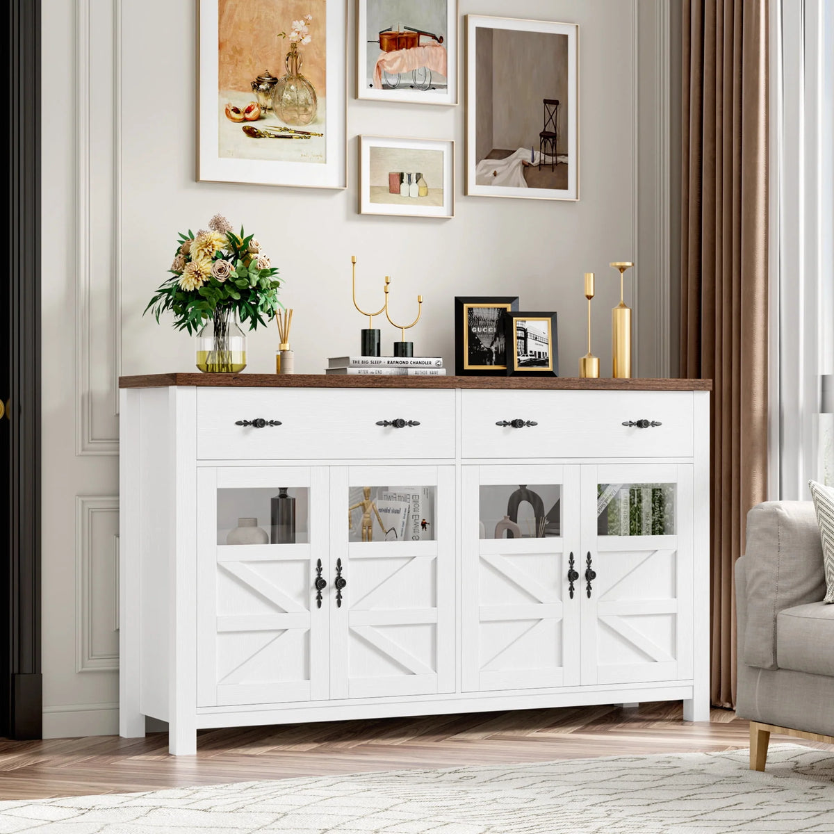 2 Drawer Glass Door Wood Sideboard P308