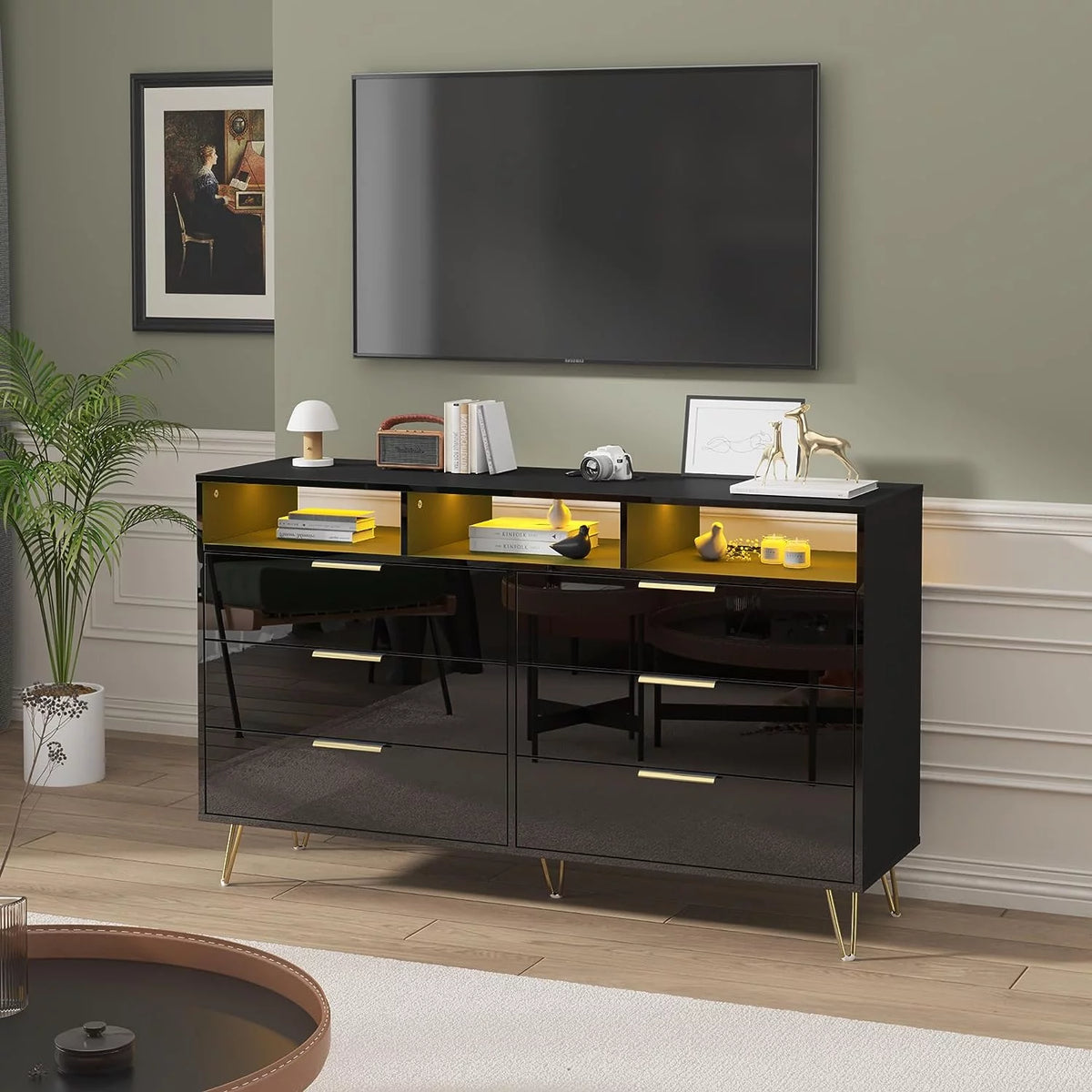 White 6 Drawer Wood Dresser with LED Lights P952274