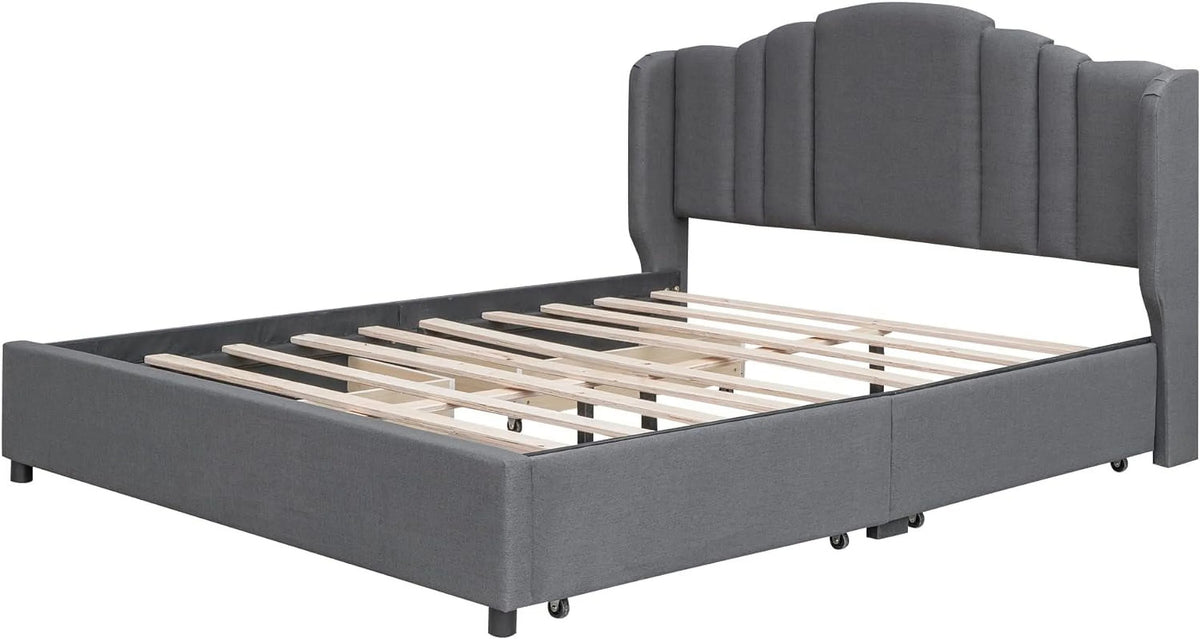 Queen Size Upholstered Platform Bed with Wingback Headboard and 4 Drawers, Wood Bed Frame M25334