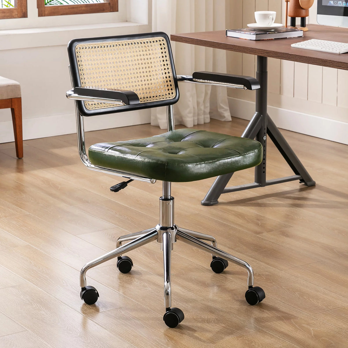 Green Faux Leather Swivel Office Chair with Rattan Back N132461