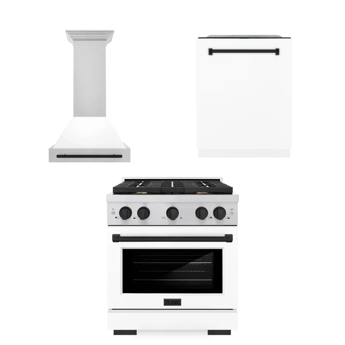 30 In. Gas Range, Range Hood, Dishwasher in White O454