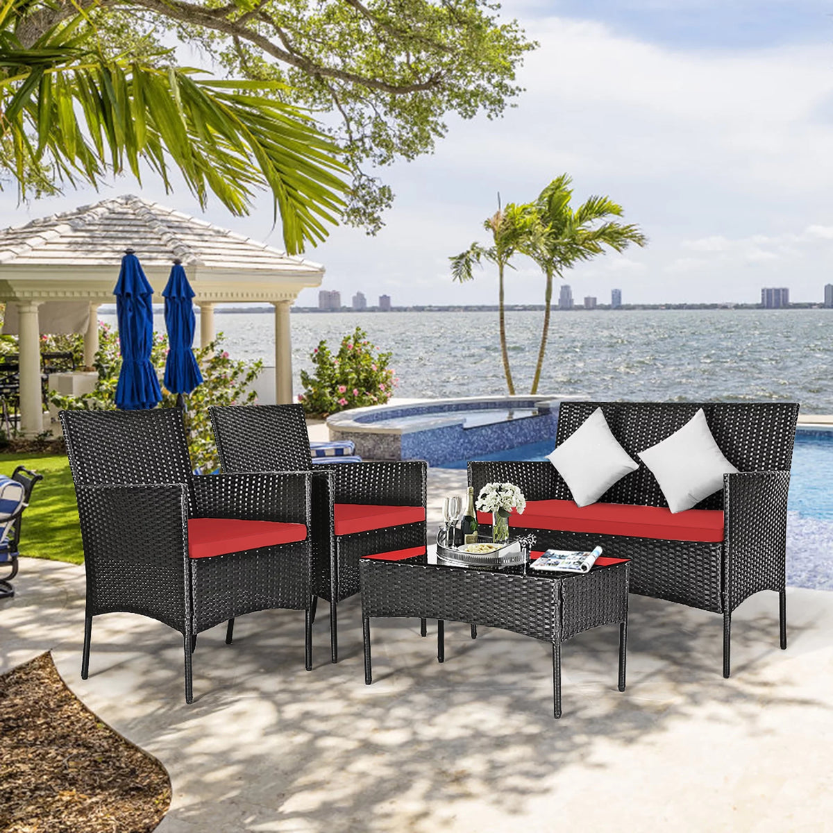 4 Pcs Cushioned Patio Rattan Furniture Set Y316