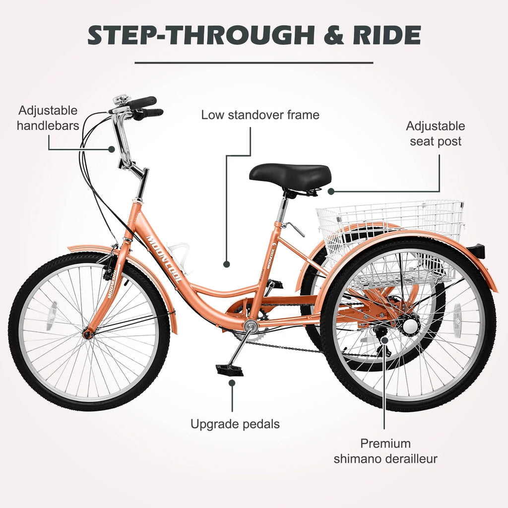 24" 7-Speed 3 Wheel Adult Tricycle with Baskets, Orange P134
