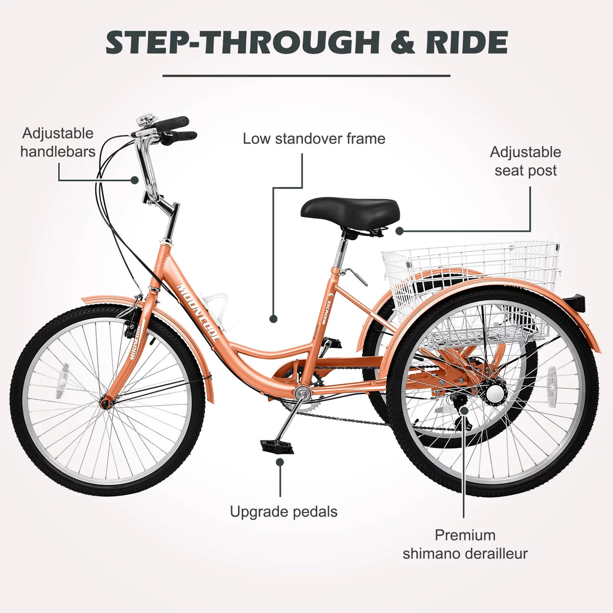 24" 7-Speed 3 Wheel Adult Tricycle with Baskets, Orange P134