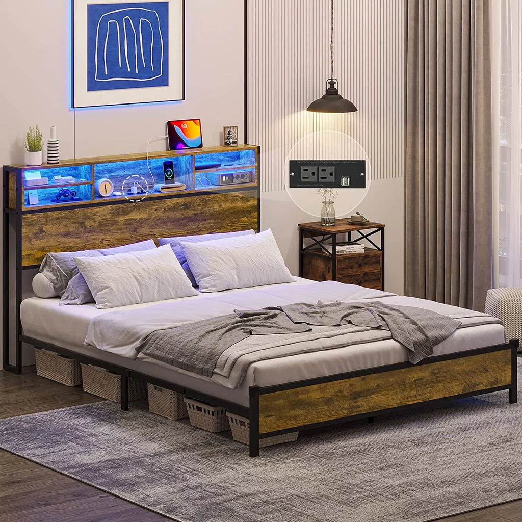 Rustic Brown Full Size Metal Platform Bed Frame with LED Headboard and USB Ports I4423