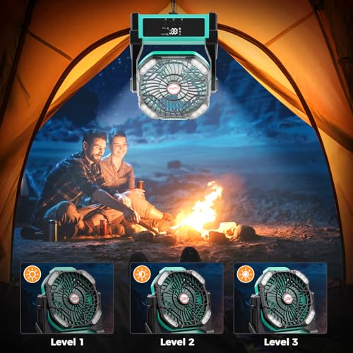 Portable Camping Fan, 20000mAh Rechargeable Battery Operated Fans with Lights, 4 Speed, Adjustable Brightness (Blue Black) K755