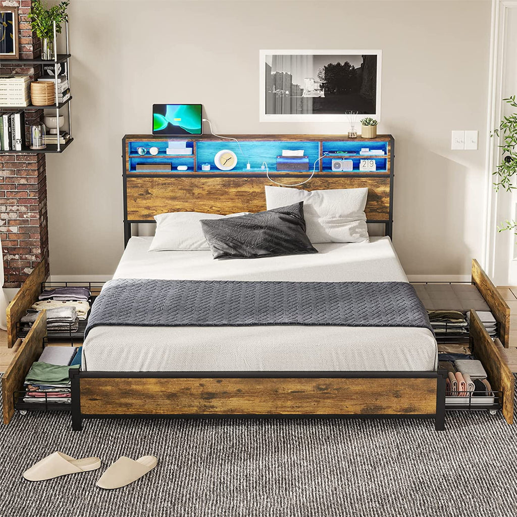 Rustic Brown Full Size Metal Platform Bed Frame with LED Headboard and USB Ports I4423