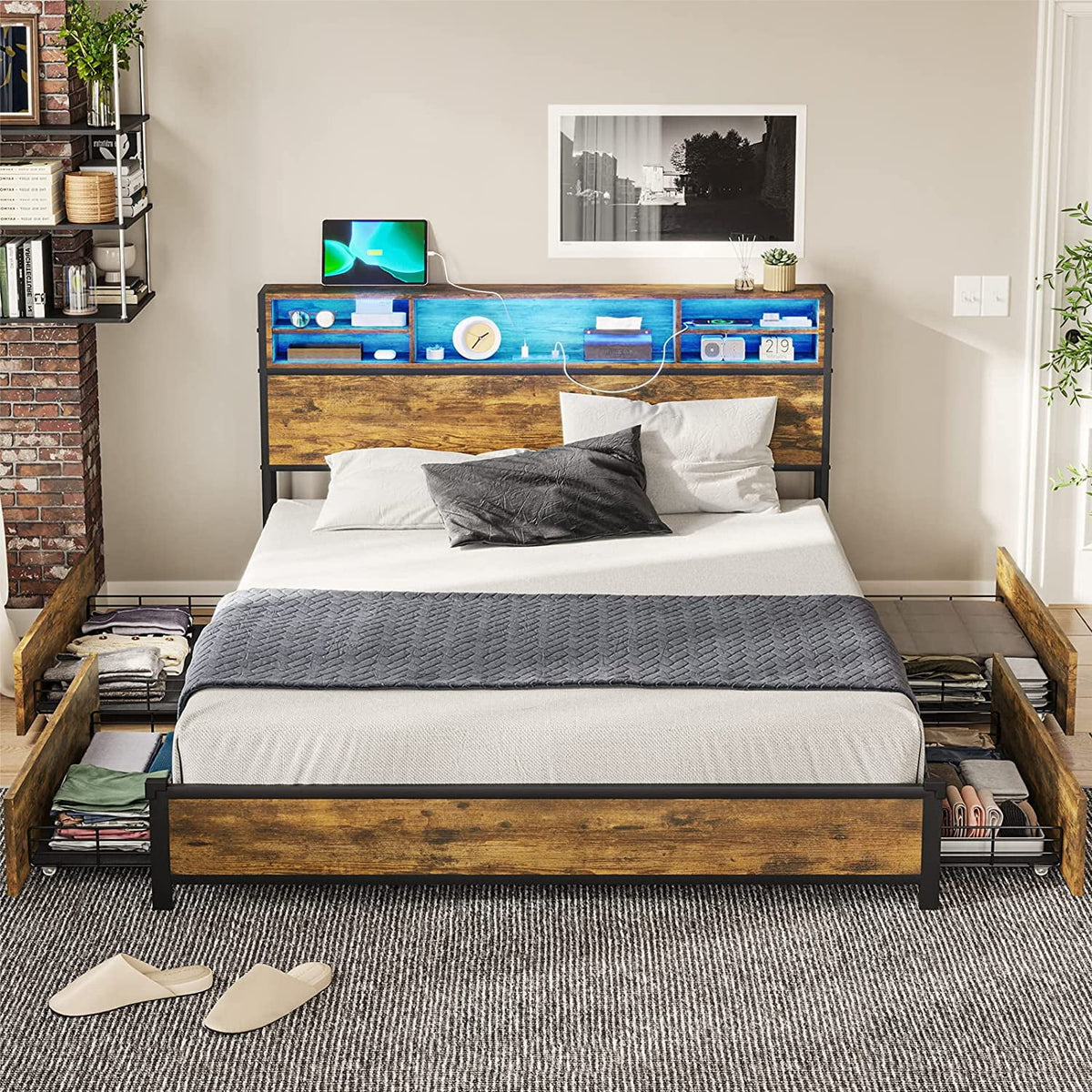 Rustic Brown Full Size Metal Platform Bed Frame with LED Headboard and USB Ports I4423
