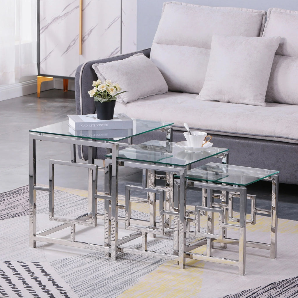 Set of 3 Metal Nesting Tables Glass End Tables R767