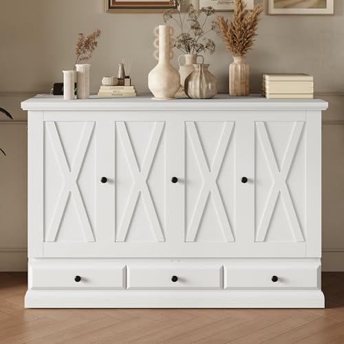 Queen Size White Solid Pine Murphy Bed with Charging Station and Drawer J45669