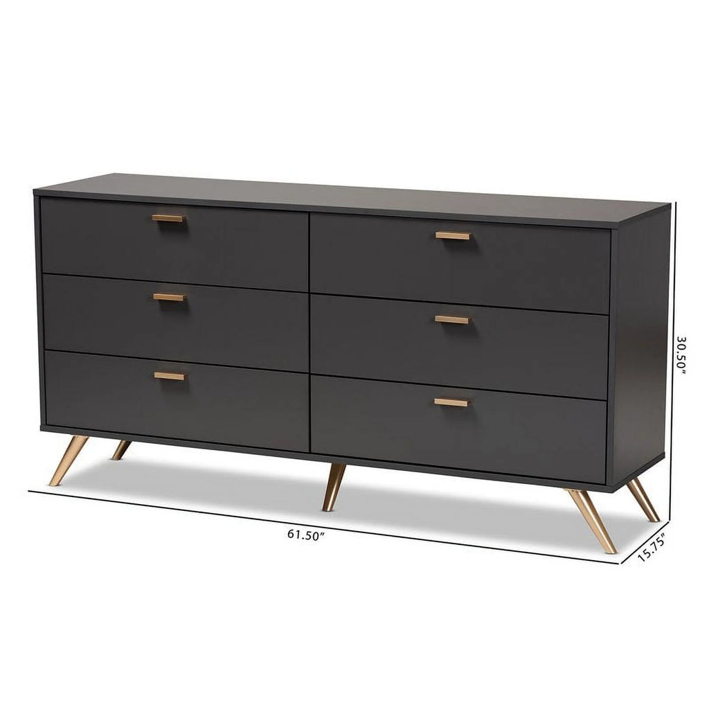 Dark Grey Gold Wood 6-Drawer Dresser E10716