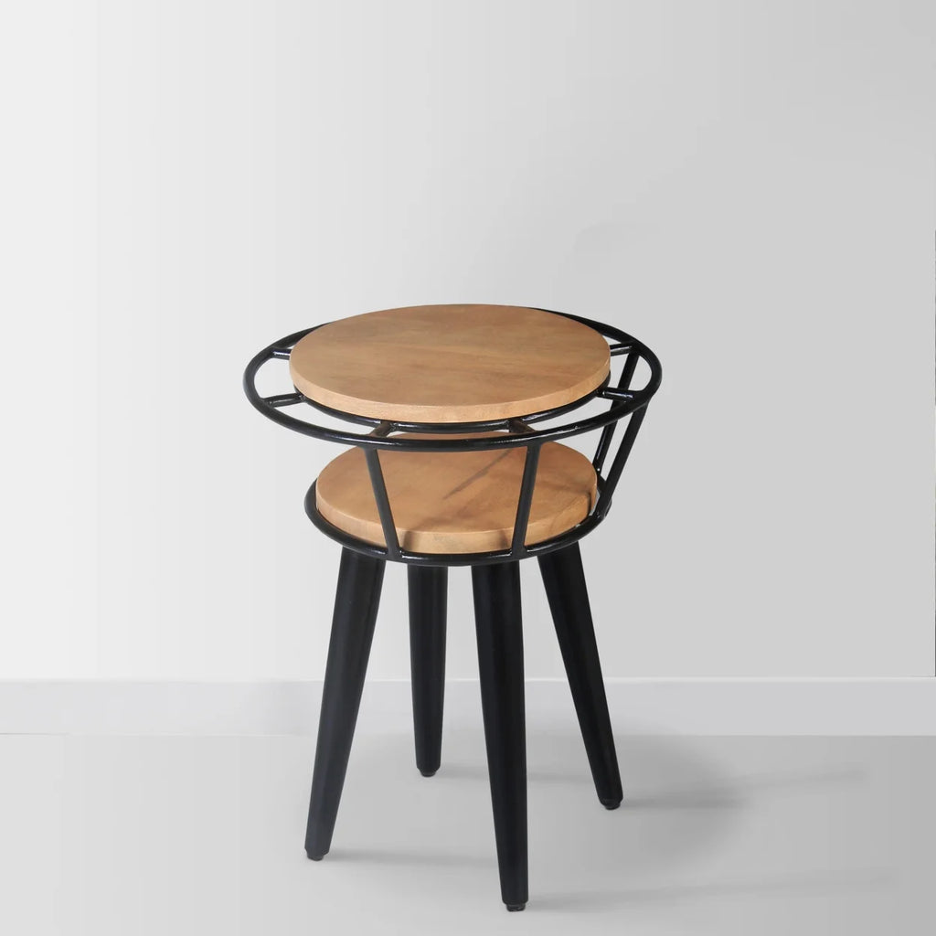 Industrial 2 Tier Round End Table with Metal Frame, White Oak and Black U83759