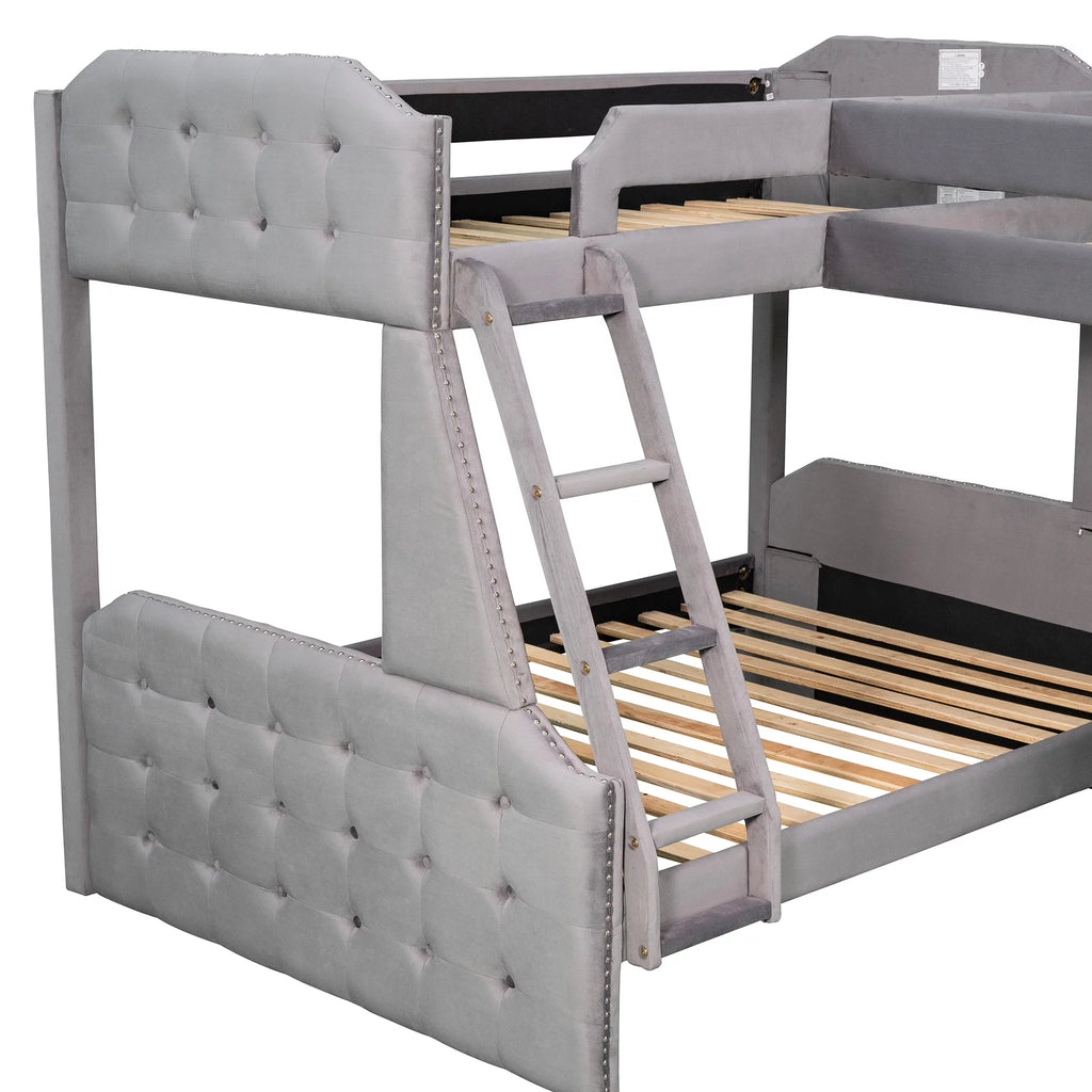 Gray Upholstered Twin over Full Bunk Bed with Built-in Desk L70716