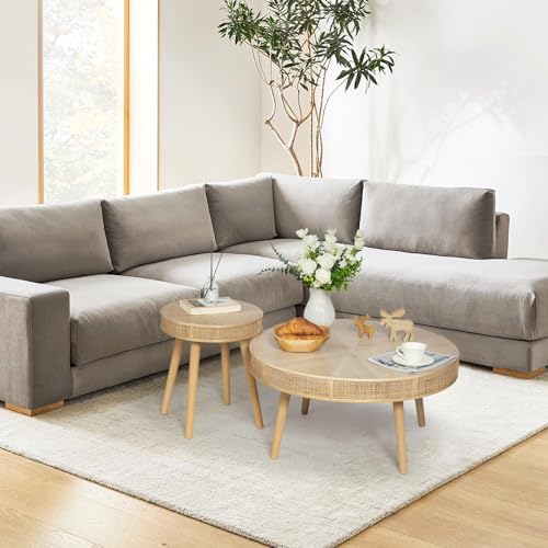 Round Coffee Table Set with Rattan, Natural, 2Pack A388