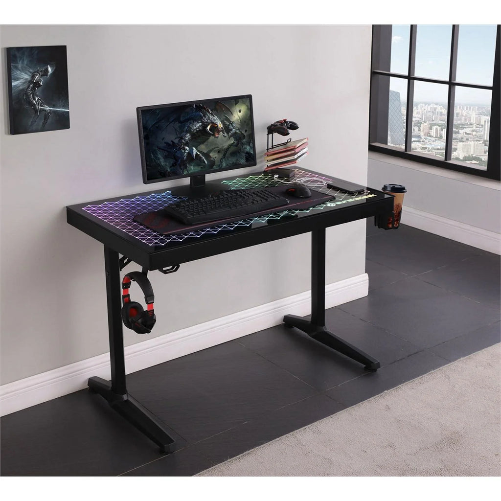 Black Metal Gaming Desk with Tempered Glass Top V610004