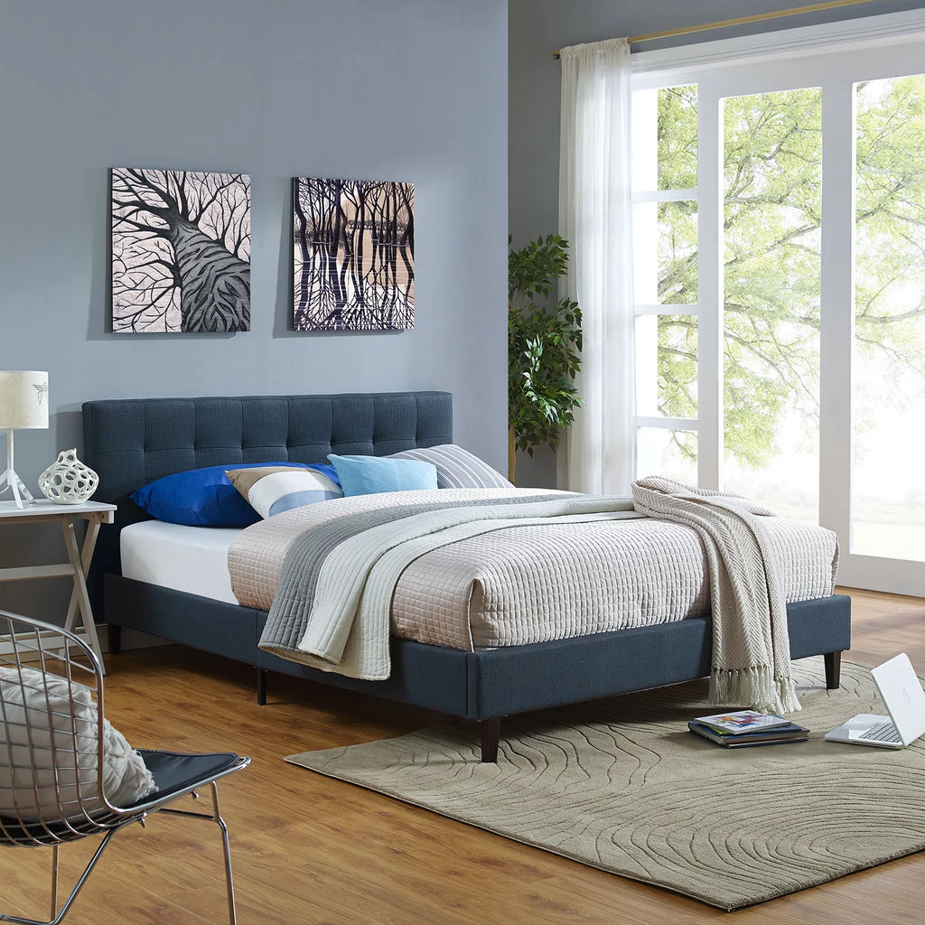 Queen Size Navy Blue Fabric Wood Platform Bed Frame M2524
