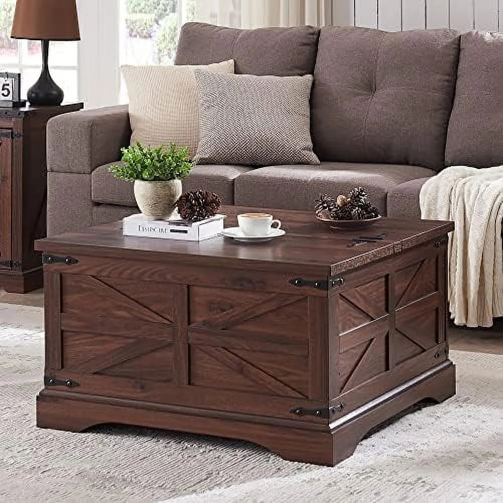Brown Square Wood Coffee Table with Hidden Compartment L9407