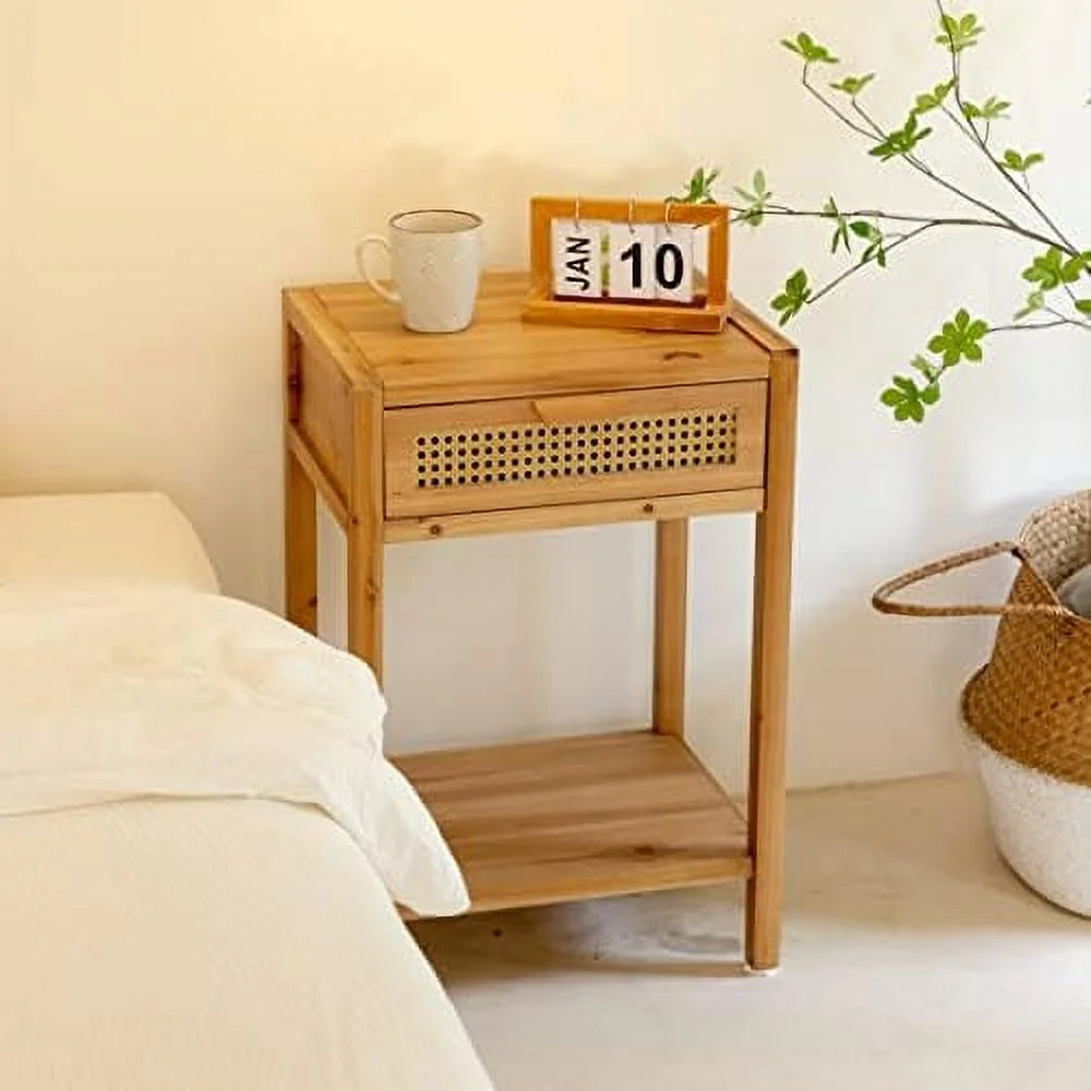 Set of 2 Rustic Rattan Nightstand with 2-Drawer D211941