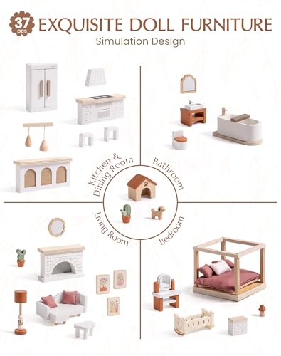 Wooden Dollhouse with 37 Pieces of Furniture & Accessories S5731