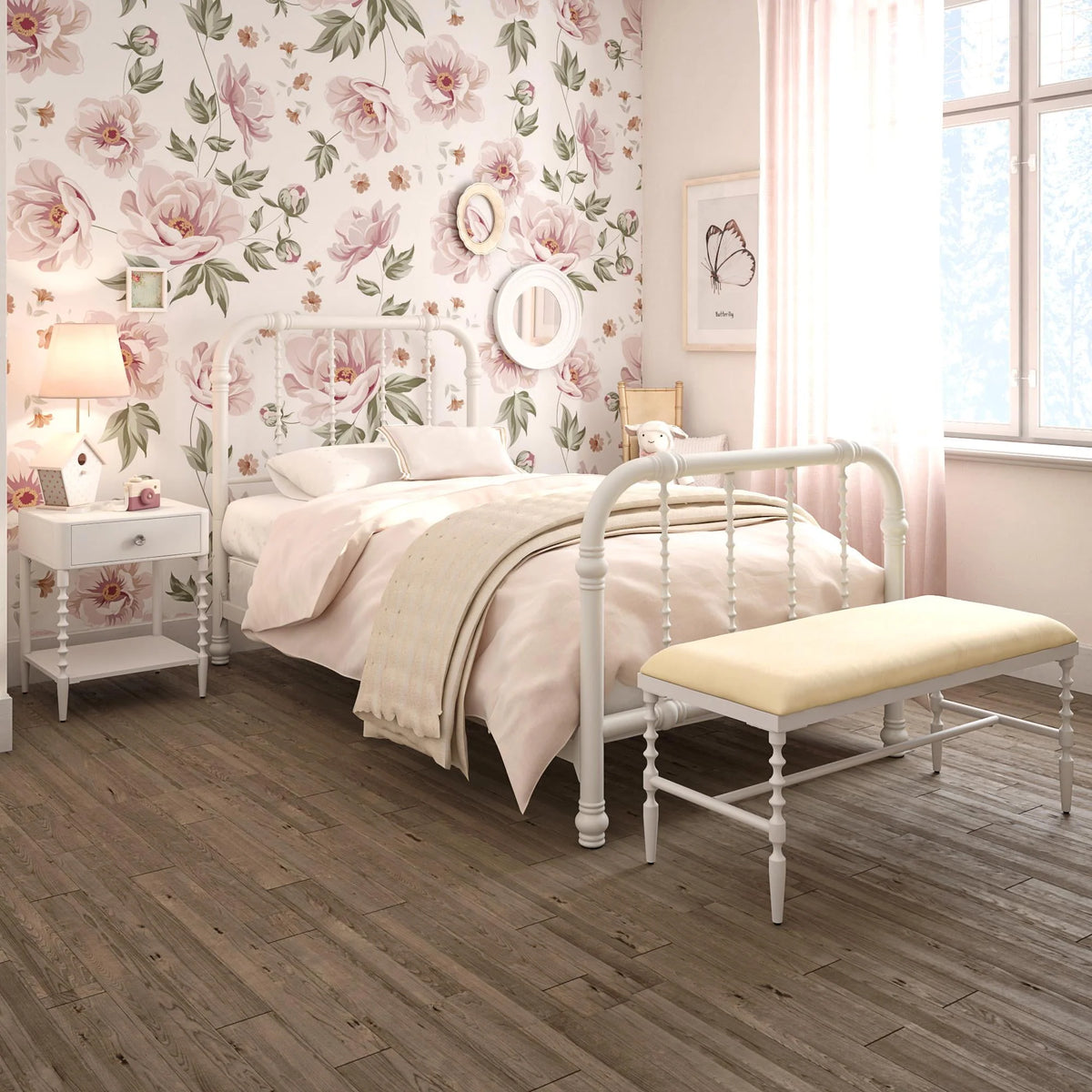 White Twin Metal Bed Frame with Headboard L85878