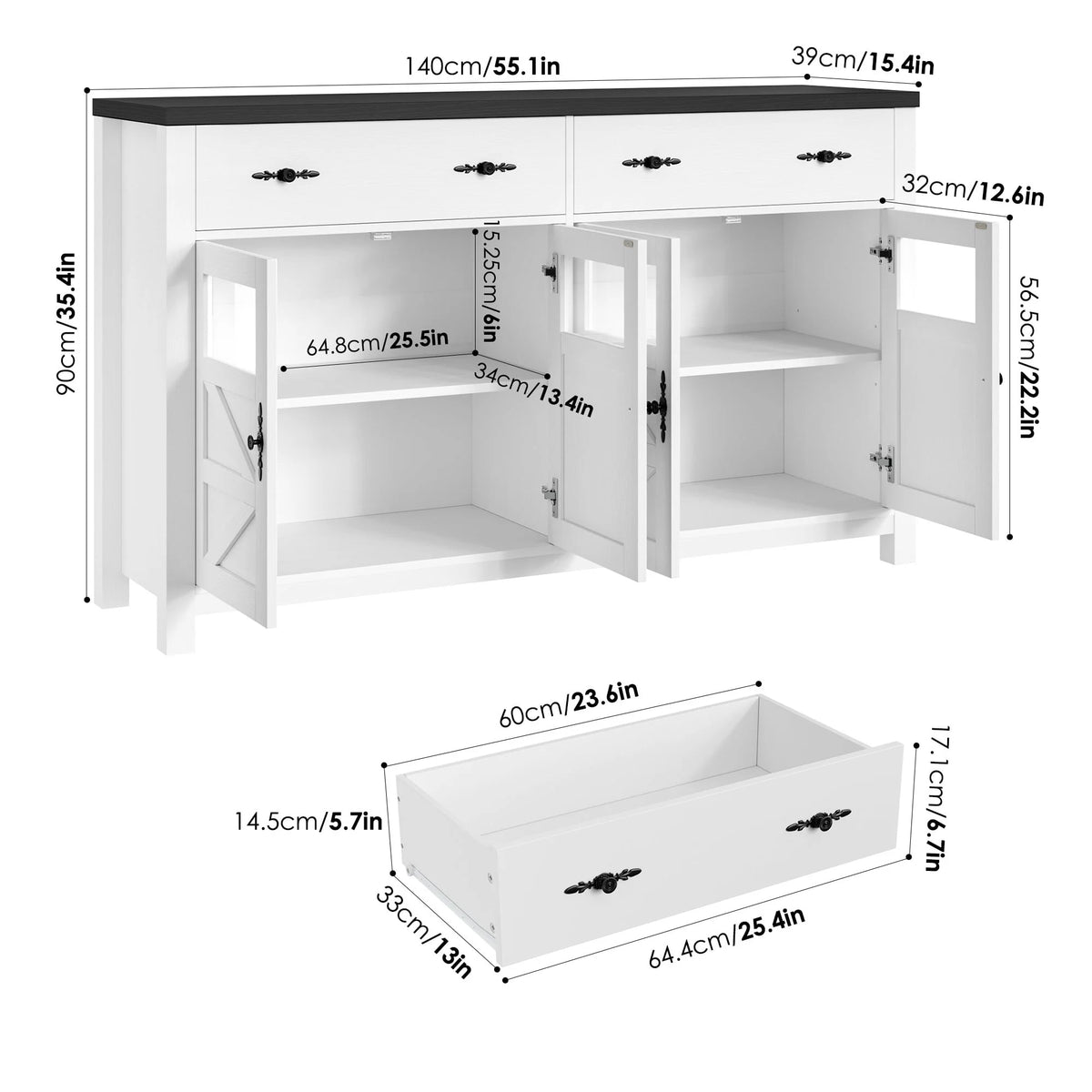 2 Drawer Glass Door Wood Sideboard P308