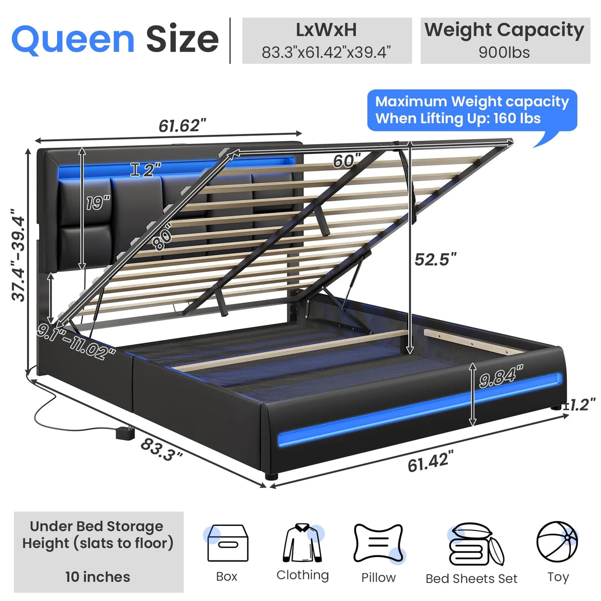 Queen Size Lift Up Storage Upholstered Platform Bed Frame with Charging Ports and LED Lights G42351