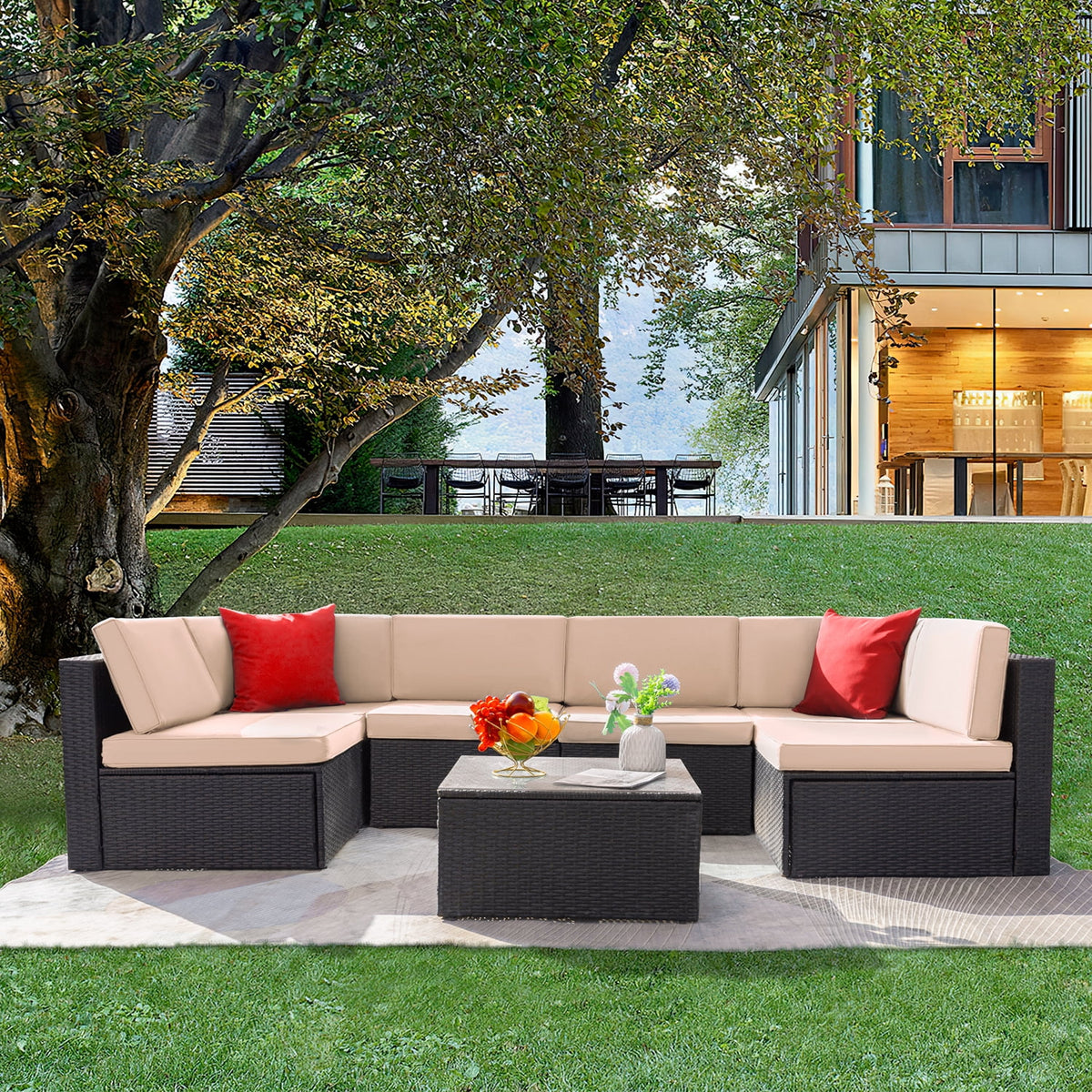 7 Pieces PE Rattan Patio Conversation Set O10488