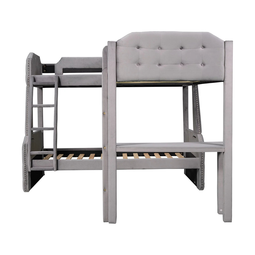 Gray Upholstered Twin over Full Bunk Bed with Built-in Desk L70716
