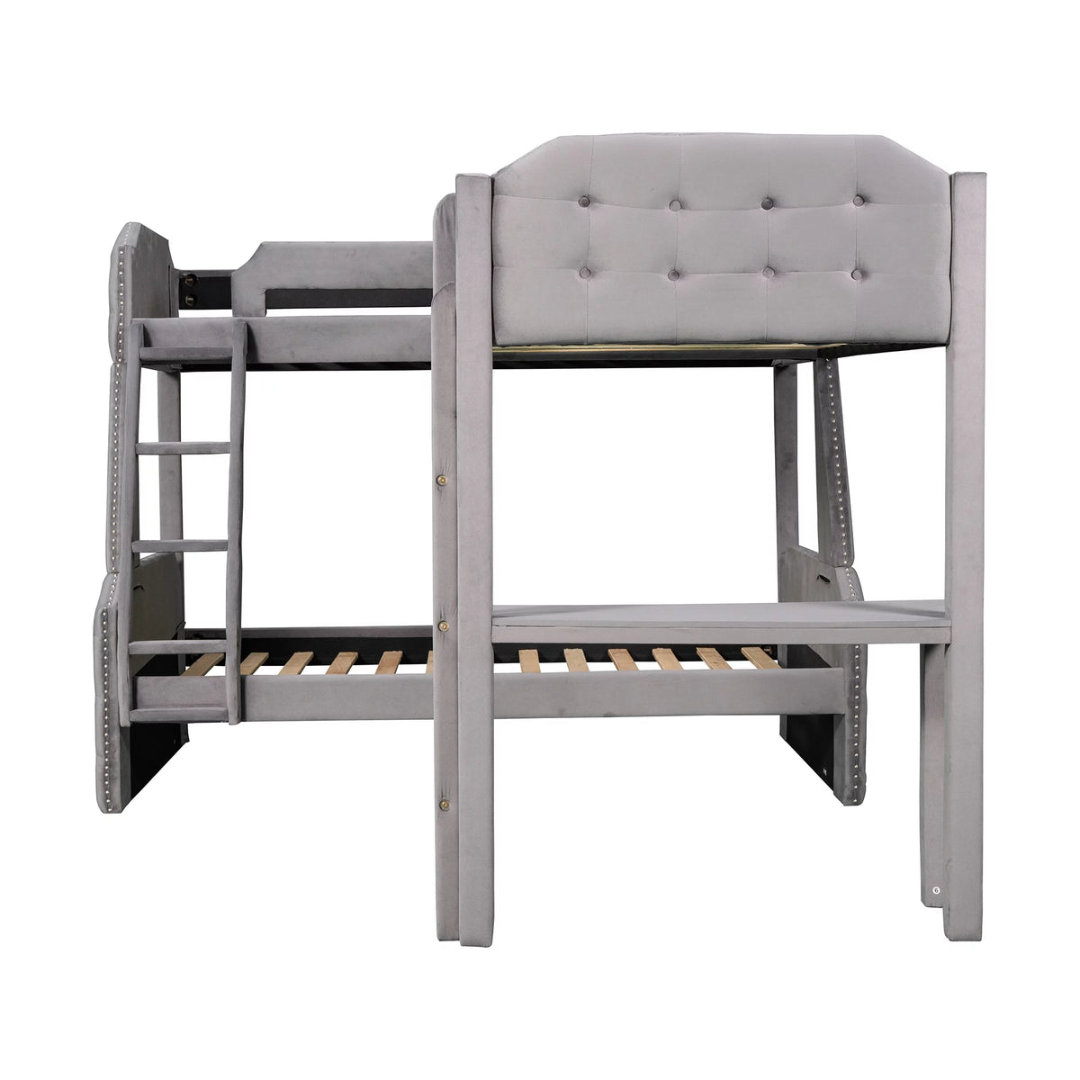 Gray Upholstered Twin over Full Bunk Bed with Built-in Desk L70716