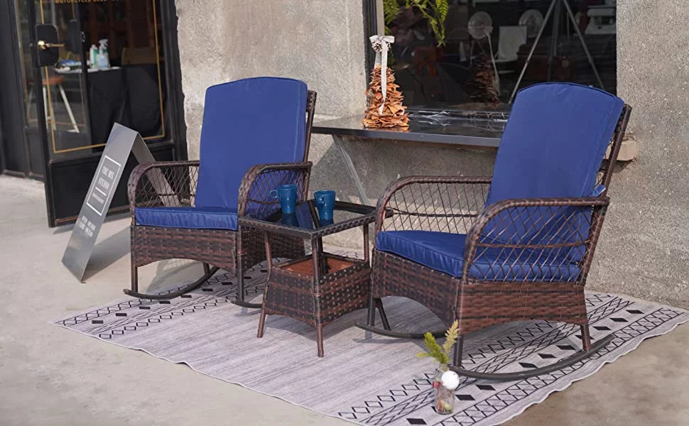 3 Pcs PE Wicker Rocking Bistro Set with Glass Table Q41726