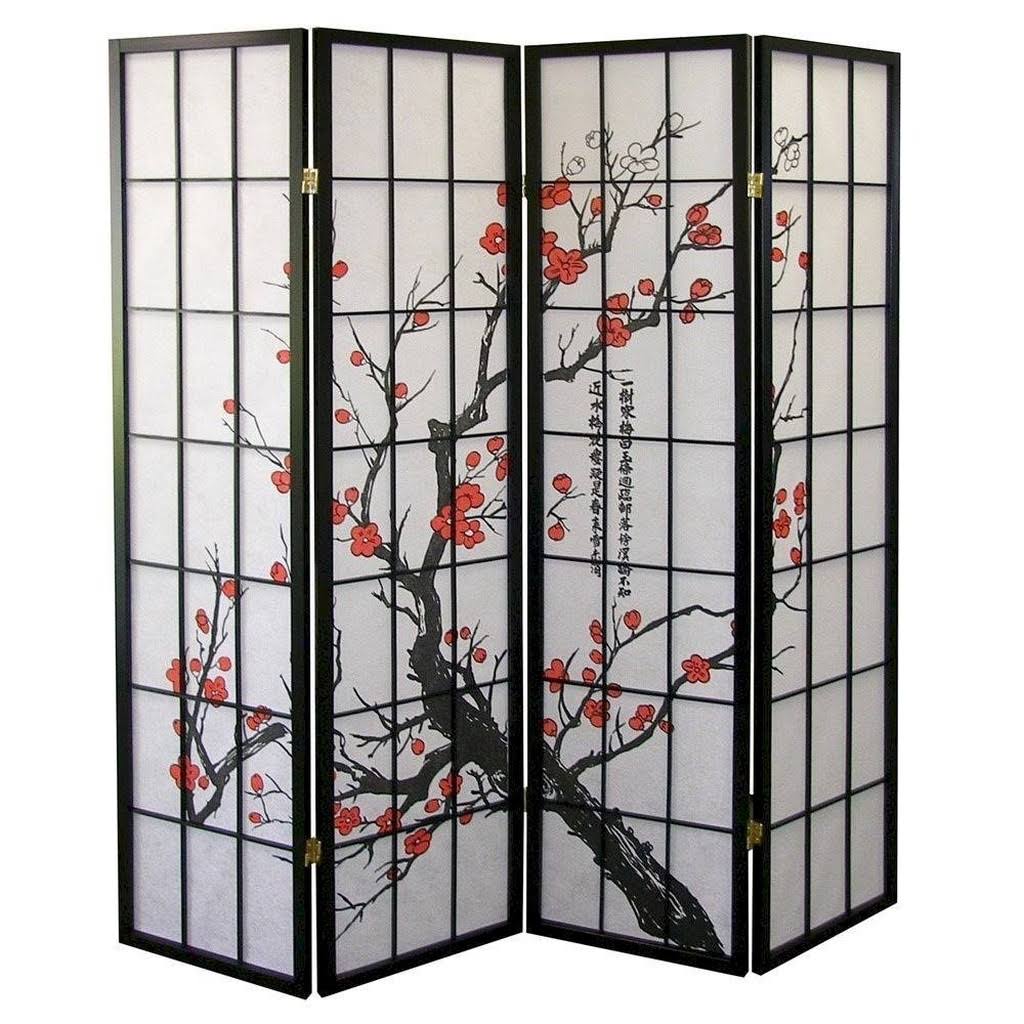 Black 4 Panel Plum Blossom Room Divider B503