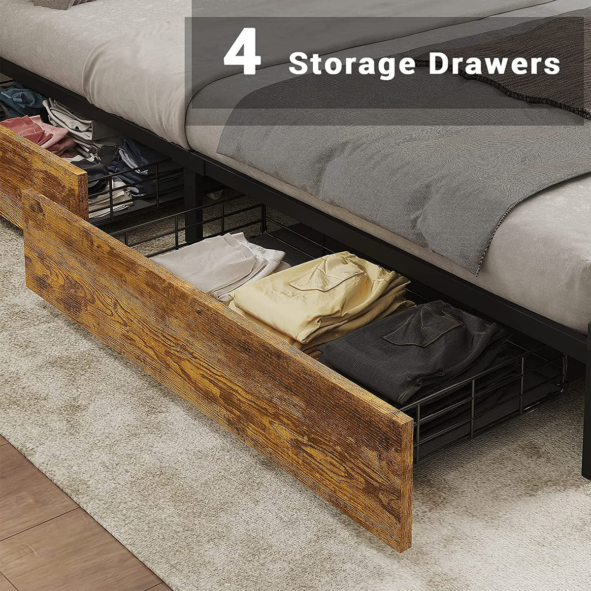 Rustic Brown Full Size Metal Platform Bed Frame with LED Headboard and USB Ports I4423