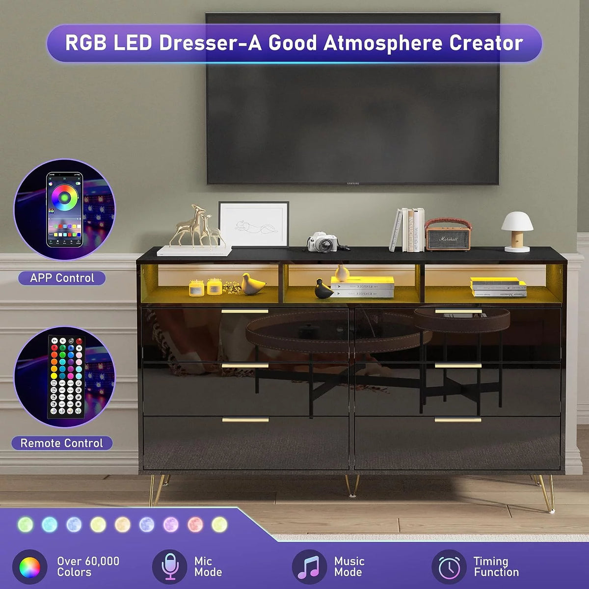 White 6 Drawer Wood Dresser with LED Lights P952274