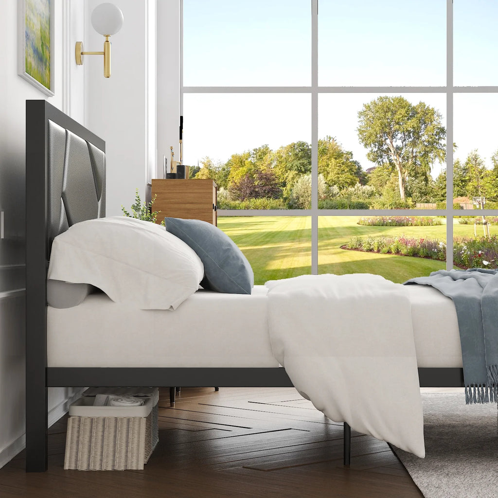 Twin Size Bed Frame with Leather Upholstered Headboard, Black A690