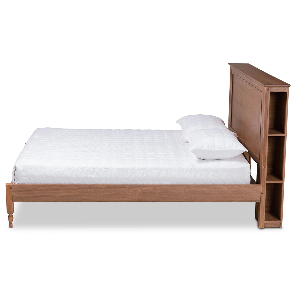 Ash Walnut Brown Wood King Size Platform Storage Bed with Built-In Shelves W443