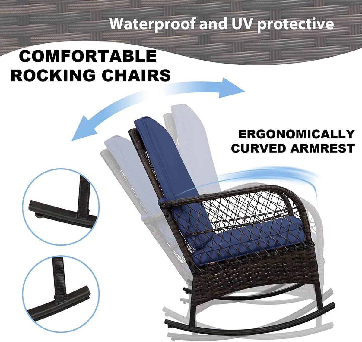 3 Pcs PE Wicker Rocking Bistro Set with Glass Table Q41726
