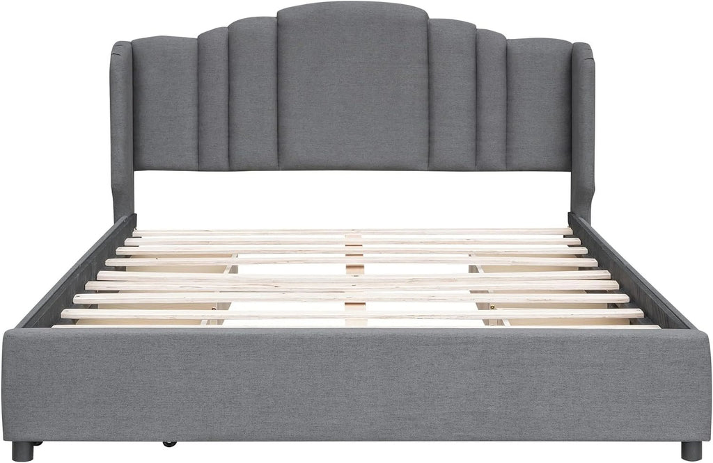 Queen Size Upholstered Platform Bed with Wingback Headboard and 4 Drawers, Wood Bed Frame M25334
