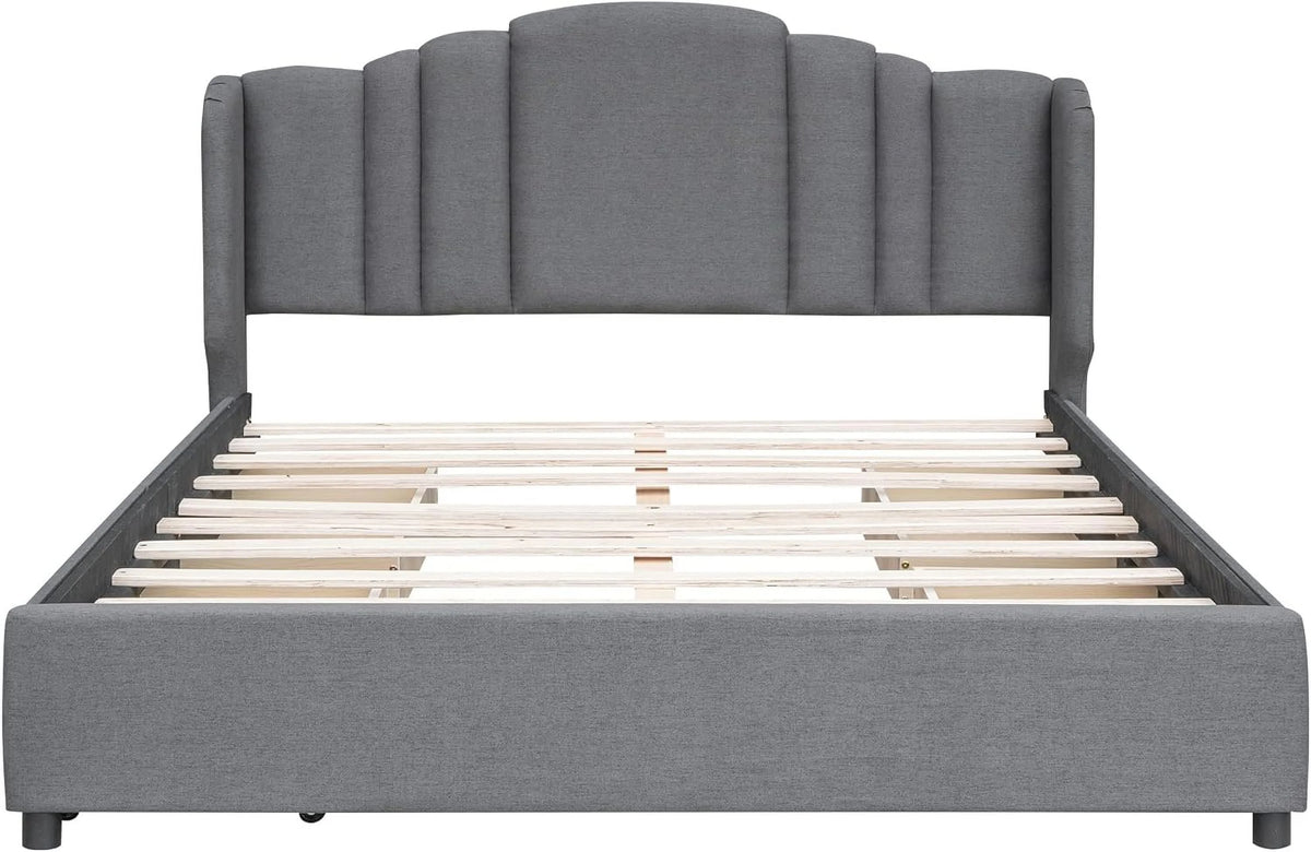 Queen Size Upholstered Platform Bed with Wingback Headboard and 4 Drawers, Wood Bed Frame M25334