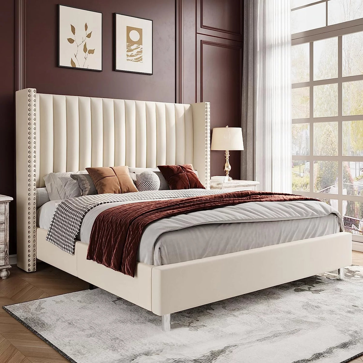 Queen Upholstered Wingback Bed Frame Y994