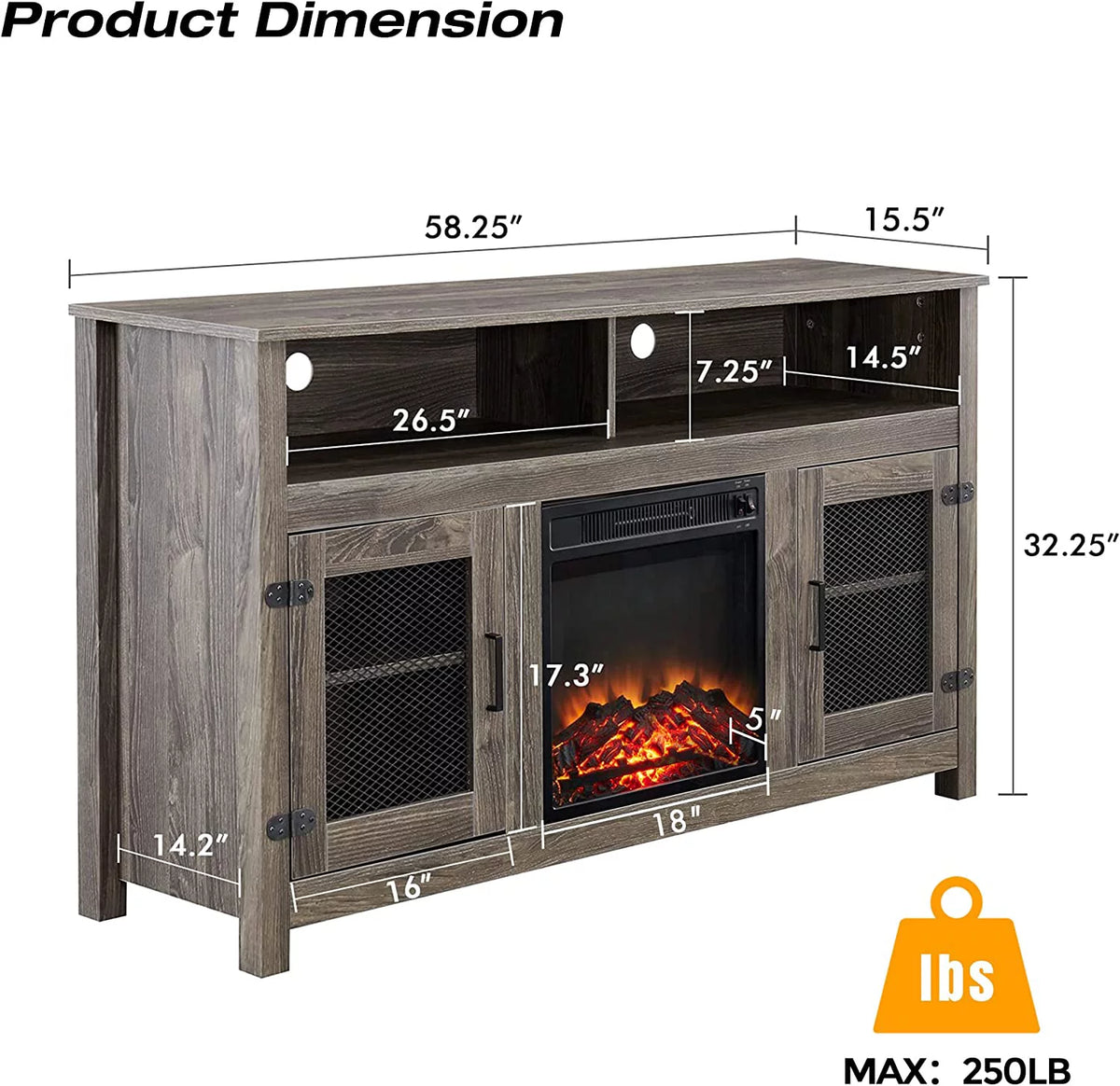 Grey TV Stand with Electric Fireplace and Storage Cabinet W5539