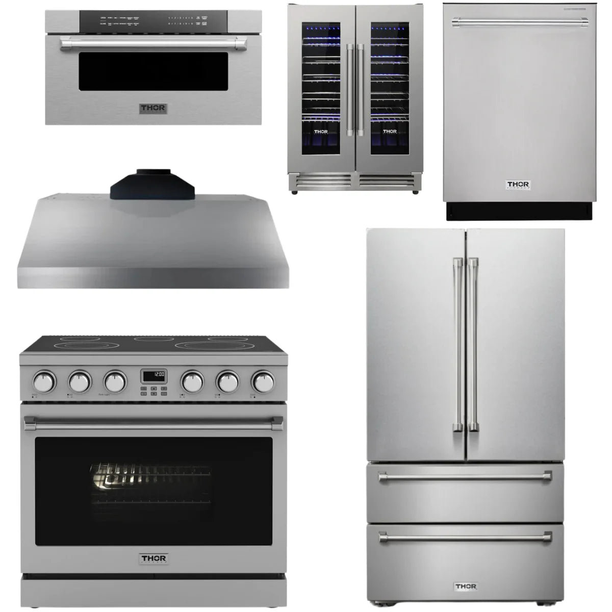 36 Electric Range, Range Hood, Refrigerator, Dishwasher, Microwave and Wine Cooler F242